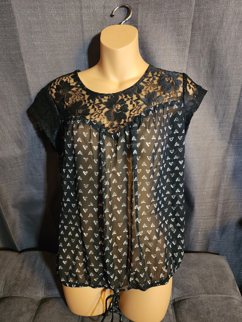 Heart Print Sheer Lace Blouse Black Coquette Goth Top L (11-13)